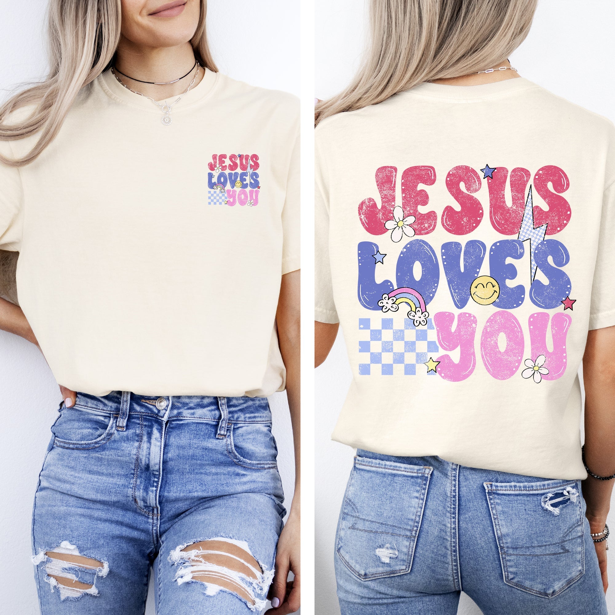 Jesus Loves You, Colorful, Positivity, Faith, Gospel, Bible, Love, Front and Back, Comfort Colors T-Shirt